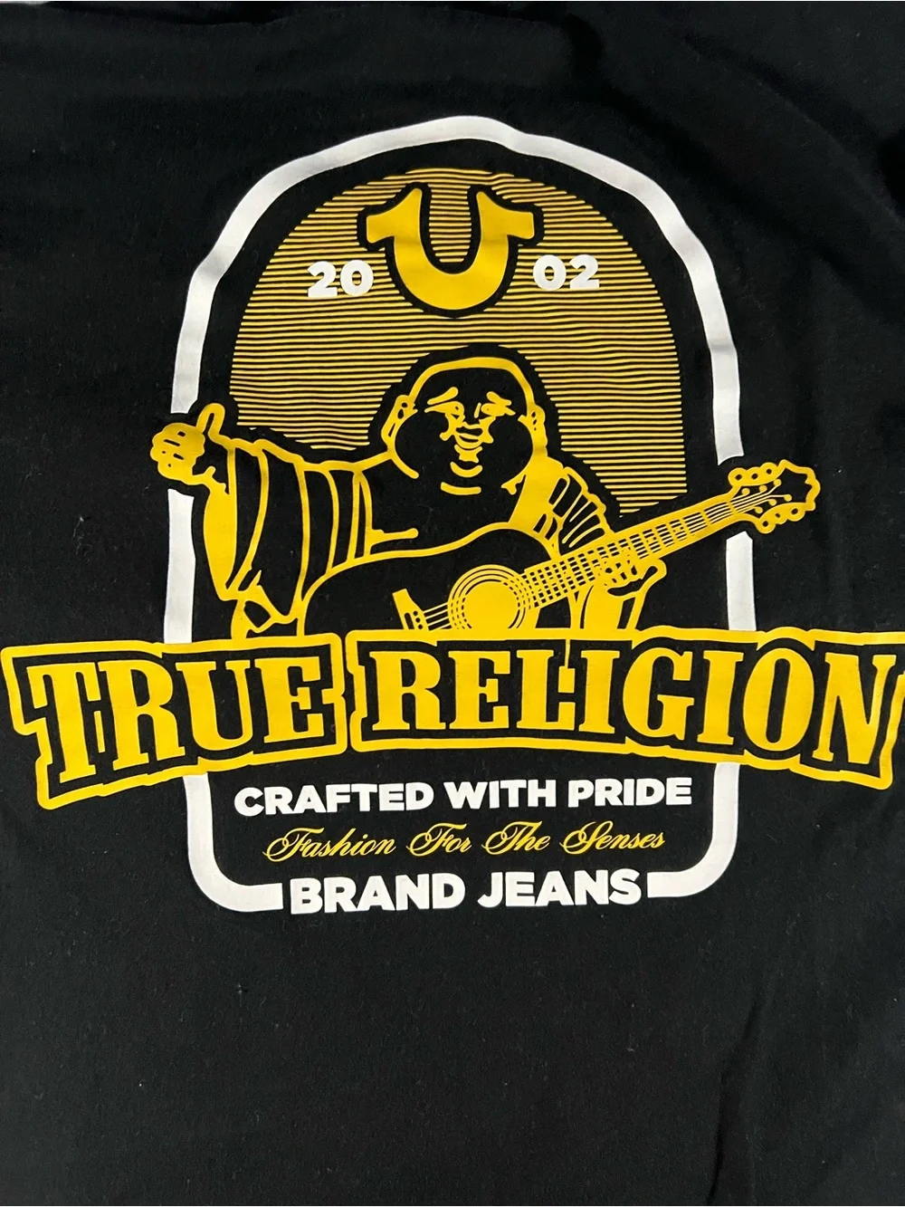 True Religion Black Tee with Yellow Logo Arch Graphic
